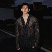 Mens Black Sequin Shirt - Iridescent Black Glitter Shirt for Men Loose Fit Long Sleeve Top Casual Streetwear for Party & Nightclub -