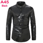 70s Disco Shirt Mens Performance Shirt – Shiny Sequin Long Sleeve Latin Ballroom Top for Party, Dance, Nightclub & Stage - DancerInn A45-Black-XXL - 32327511769271 - 32327511769271