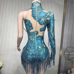 Showgirl dance costume long sleeve sheer mesh rhinestone fringe bodysuit back view - 38416940859575 - 38416940859575