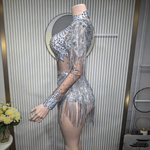Rhinestone embellished sheer mesh fringe bodysuit women stage performance costume - 38416941449399 - 38416941449399