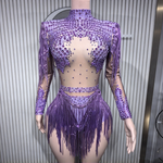 Women showgirl sheer mesh bodysuit with rhinestone and fringe details for stage - 38416942334135 - 38416942334135