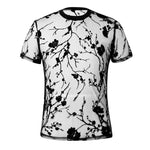 Mens Floral Print T Shirt - Black See Through Mesh Short Sleeve O-Neck Streetwear Top for Dance Performance Stage -   Men Dance Shirts DancerInn - 32395180998839 - 32395180998839