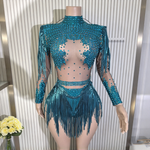 Sequin rhinestone fringe sheer mesh leotard nightclub performance costume - 38416941940919 - 38416941940919