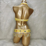 Bellydance Clothes for Women - Sexy Beaded Crystal 3 Piece Dance Costume Set with Bra, Belt, and Necklace - DancerInn