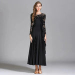 Women Hidden Zipper Flower Pattern Long Sleeves Ballroom Standard Waltz Dress Tango Costume Lace Dressing Gown - DancerInn - 26344636580023 - 26344636580023