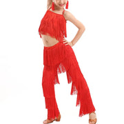 Girls Two Piece Multi-color Tassel Fringe Samba Salsa Ballroom Latin Dance Pants and Tops Dance Costume Set - DancerInn