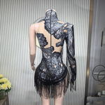Sparkly rhinestone fringe leotard sheer mesh women dance performance costume - 38416941711543 - 38416941711543