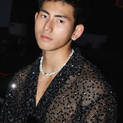 Mens Black Sequin Shirt - Iridescent Black Glitter Shirt for Men Loose Fit Long Sleeve Top Casual Streetwear for Party & Nightclub -