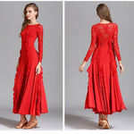 Women Hidden Zipper Flower Pattern Long Sleeves Ballroom Standard Waltz Dress Tango Costume Lace Dressing Gown - DancerInn - 26344635269303 - 26344635269303