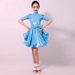 Ballroom and Latin Dance Dresses for Girls - High Neck, Mid-Sleeves, Back Zipper and Flowing Skirt - DancerInn  - 33217066238135 - 33217066238135