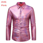 70s Disco Shirt Mens Performance Shirt – Shiny Sequin Long Sleeve Latin Ballroom Top for Party, Dance, Nightclub & Stage - DancerInn A46-Pink-XXL - 32327511638199 - 32327511638199