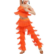 Girls Two Piece Multi-color Tassel Fringe Samba Salsa Ballroom Latin Dance Pants and Tops Dance Costume Set - DancerInn