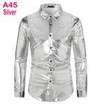 70s Disco Shirt Mens Performance Shirt – Shiny Sequin Long Sleeve Latin Ballroom Top for Party, Dance, Nightclub & Stage - DancerInn A45-Silver-XXL - 32327511900343 - 32327511900343