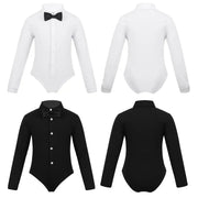 Dance Bodysuits for Boys with Long Sleeves Bow Tie and Turn-Down Collar Perfect Dance Romper - DancerInn