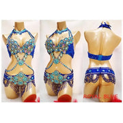 Bellydance Clothes for Women - Sexy Beaded Crystal 3 Piece Dance Costume Set with Bra, Belt, and Necklace - DancerInn