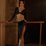 Black Fringe Skirt - Sexy Cut-Out Latin Dancing Skirts with Heavy Beading for Tango Salsa Samba - DancerInn - 34539320082615 - 34539320082615