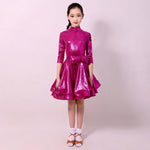 Ballroom and Latin Dance Dresses for Girls - High Neck, Mid-Sleeves, Back Zipper and Flowing Skirt - DancerInn Purple / 3XL - 33217066107063 - 33217066107063
