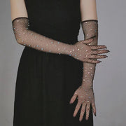 Rhinestone Gloves with Laces - Flash Party Performance Mesh Gloves in White, Red, Black, Pink, Fishnet & Goth Style - DancerInn