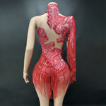 Women long sleeve rhinestone fringe sheer mesh bodysuit sequin dance leotard - 38416942104759 - 38416942104759