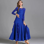 Women Hidden Zipper Flower Pattern Long Sleeves Ballroom Standard Waltz Dress Tango Costume Lace Dressing Gown - DancerInn - 26344739963063 - 26344739963063
