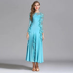 Women Hidden Zipper Flower Pattern Long Sleeves Ballroom Standard Waltz Dress Tango Costume Lace Dressing Gown - DancerInn - 26344637694135 - 26344637694135