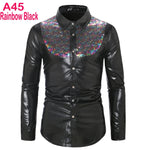 70s Disco Shirt Mens Performance Shirt – Shiny Sequin Long Sleeve Latin Ballroom Top for Party, Dance, Nightclub & Stage - DancerInn A45-Rainbow-Black-XXL - 32327512031415 - 32327512031415
