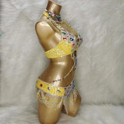 Bellydance Clothes for Women - Sexy Beaded Crystal 3 Piece Dance Costume Set with Bra, Belt, and Necklace - DancerInn