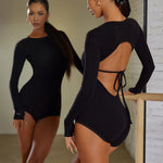 Gymnastics Leotards Long Sleeve - Black Bodysuit for Dance with Built-In Bra Backless Design for Latin Salsa - DancerInn - 34224798564535 - 34224798564535