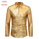 70s Disco Shirt Mens Performance Shirt – Shiny Sequin Long Sleeve Latin Ballroom Top for Party, Dance, Nightclub & Stage - DancerInn A46-Gold-XXL - 32327511802039 - 32327511802039