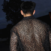 Mens Black Sequin Shirt - Iridescent Black Glitter Shirt for Men Loose Fit Long Sleeve Top Casual Streetwear for Party & Nightclub -