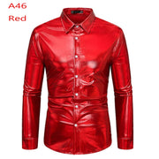70s Disco Shirt Mens Performance Shirt – Shiny Sequin Long Sleeve Latin Ballroom Top for Party, Dance, Nightclub & Stage - DancerInn A46-Red-XXL