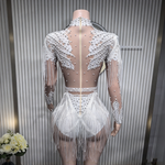 Women sequin rhinestone fringe sheer mesh leotard nightclub stage show costume - 38416941514935 - 38416941514935