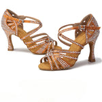 Rhinestone Latin Dance Shoes Women - Satin Lace-Up Soft Sole with Mid & High Heels - DancerInn  - 32192657260727 - 32192657260727