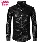 70s Disco Shirt Mens Performance Shirt – Shiny Sequin Long Sleeve Latin Ballroom Top for Party, Dance, Nightclub & Stage - DancerInn CS86-Black-XXL - 32327511572663 - 32327511572663