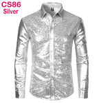 70s Disco Shirt Mens Performance Shirt – Shiny Sequin Long Sleeve Latin Ballroom Top for Party, Dance, Nightclub & Stage - DancerInn CS86-Sliver-XXL - 32327511507127 - 32327511507127