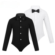 Dance Bodysuits for Boys with Long Sleeves Bow Tie and Turn-Down Collar Perfect Dance Romper - DancerInn