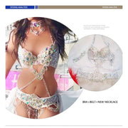 Bellydance Clothes for Women - Sexy Beaded Crystal 3 Piece Dance Costume Set with Bra, Belt, and Necklace - DancerInn