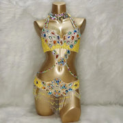 Bellydance Clothes for Women - Sexy Beaded Crystal 3 Piece Dance Costume Set with Bra, Belt, and Necklace - DancerInn