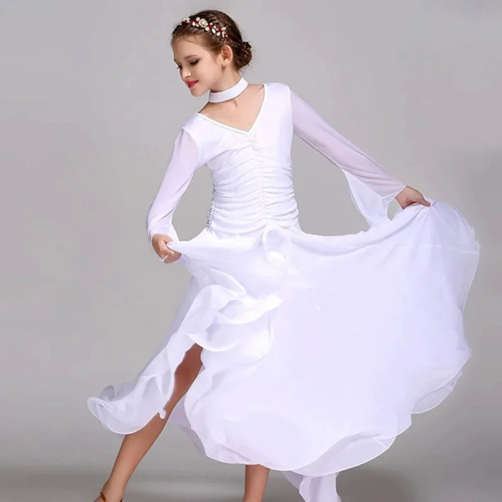 Kids Long Sleeve Romantic Floating Yarn Ballroom Dress Modern Dance Ballroom Dance Competition Dresses for Girls