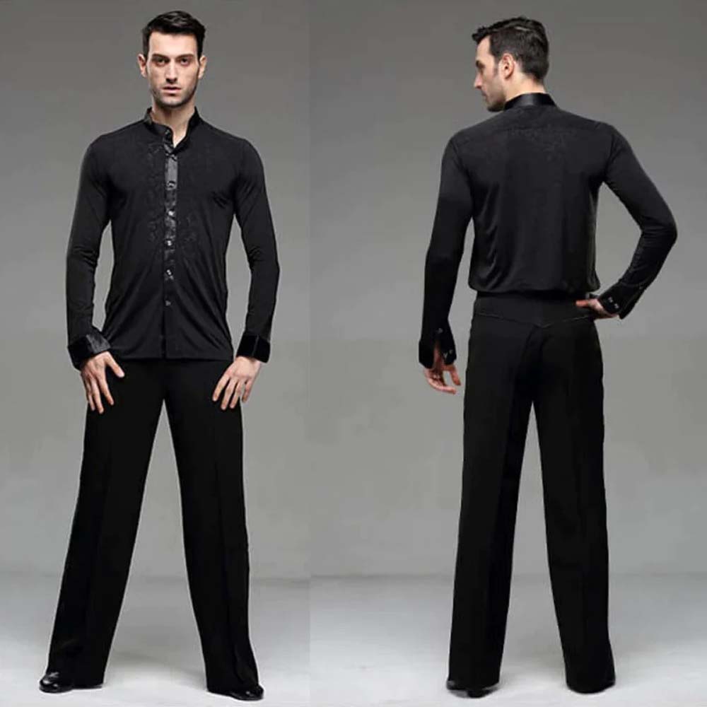Men Professional Black Noble Dark Stripe Long Sleeves Latin Salsa Samba Chacha Modern Dance Shirts