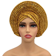 Women’s Sequined Turban Cap African Auto Gele Headtie Nigerian Wedding Head Wrap - DancerInn