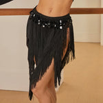 Fringe Skirts for Dancing - Black Sequin Waist Split Latin Dance Skirt for Salsa Ballroom Rumba - DancerInn 43.90 black / L Women Dance Skirts & Tutus - 35001851412663 - 35001851412663