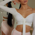 Dance Bra Top - Long Sleeve Off Shoulder Sports Bra for Latin Salsa Rumba & Samba Dancing - DancerInn White / L - 34192994205879 - 34192994205879