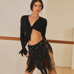 Fringe Skirts for Dancing - Black Sequin Waist Split Latin Dance Skirt for Salsa Ballroom Rumba - DancerInn Women Dance Skirts & Tutus - 35001851478199 - 35001851478199