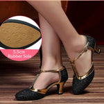 Latin American Dancing Shoes for Woman with Glitter Upper T-Strap for Salsa Rumba Tango - DancerInn 44.29 5.5cm rubber black / US 8/EU 42 - 35059619627191 - 35059619627191