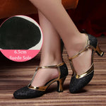 Latin American Dancing Shoes for Woman with Glitter Upper T-Strap for Salsa Rumba Tango - DancerInn 44.29 6.5cm suede black / US 8/EU 42 - 35059619791031 - 35059619791031
