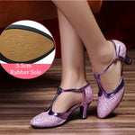 Latin American Dancing Shoes for Woman with Glitter Upper T-Strap for Salsa Rumba Tango - DancerInn 44.29 5.5cm rubber purple / US 8/EU 42 - 35059619594423 - 35059619594423