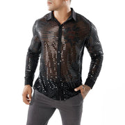 1970s Mens Disco Shirt – Long Sleeve Vintage Performance Men Sequin Shirt for Party, Dance, and Club - DancerInn