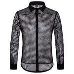 1970s Mens Disco Shirt – Long Sleeve Vintage Performance Men Sequin Shirt for Party, Dance, and Club - DancerInn  - 32336296542391 - 32336296542391