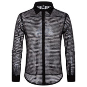 1970s Mens Disco Shirt – Long Sleeve Vintage Performance Men Sequin Shirt for Party, Dance, and Club - DancerInn